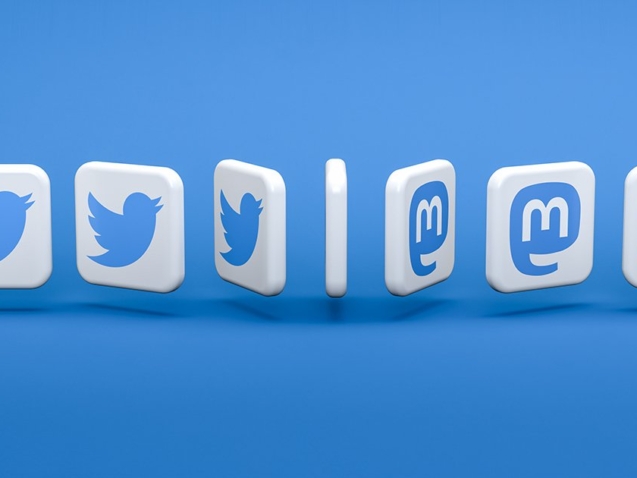 Concept for moving from Twitter to Mastodon: Logos of  Twitter turning into the free and open source social networking service Mastodon.